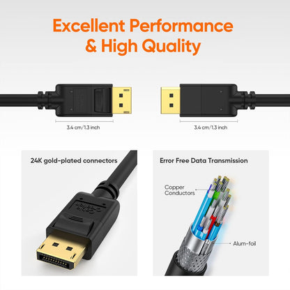 Displayport Cable [10Ft/3M], 4K DP Cable 1.2 Male to Male Support 4K@60Hz, 2K@144Hz Compatible with Computer, Desktop, Laptop, PC, Monitor, Projector,2Pack/Black